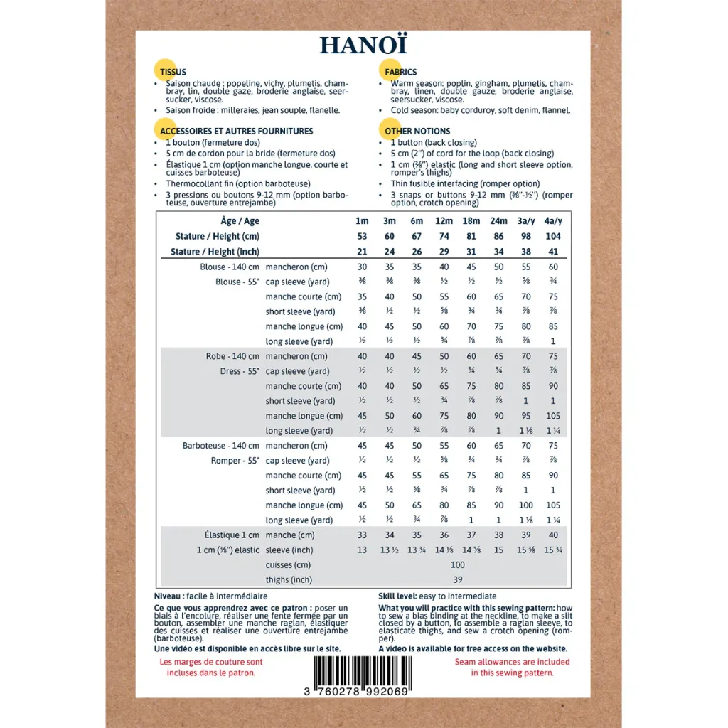 Ikatee - Patron Couture Bébé Blouse, Robe et Barboteuse "Hanoï" du 1 mois au 4 ans 1.webp