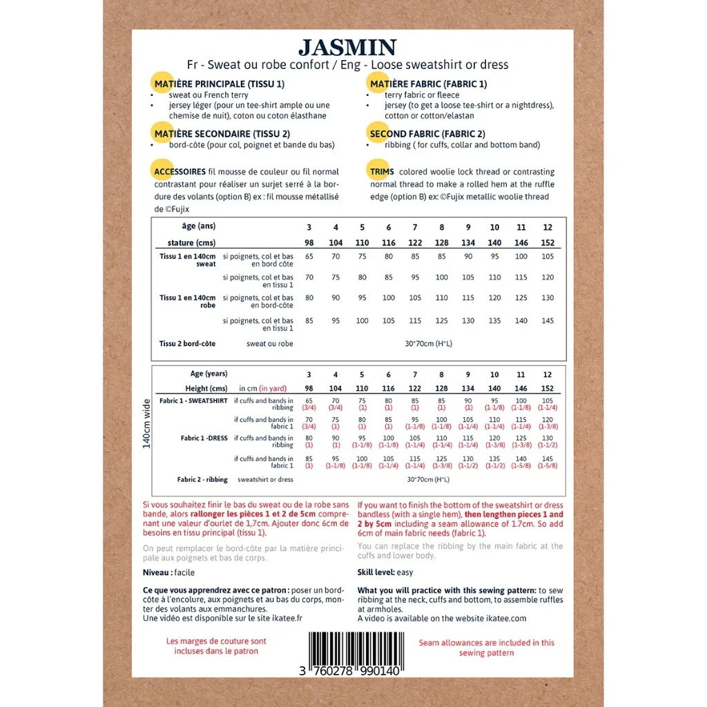 Ikatee - Patron Couture Enfant Sweat Unisexe, Robe Sweat ou Chemise de nuit "Jasmin" du 3 au 12 ans 1.webp