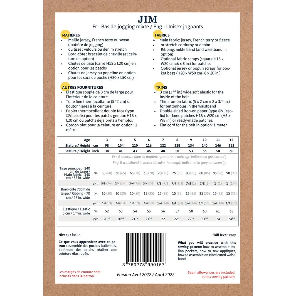 Ikatee - Patron Couture Enfant Pantalon et Jogging "Jim" du 3 au 12 ans 1.webp