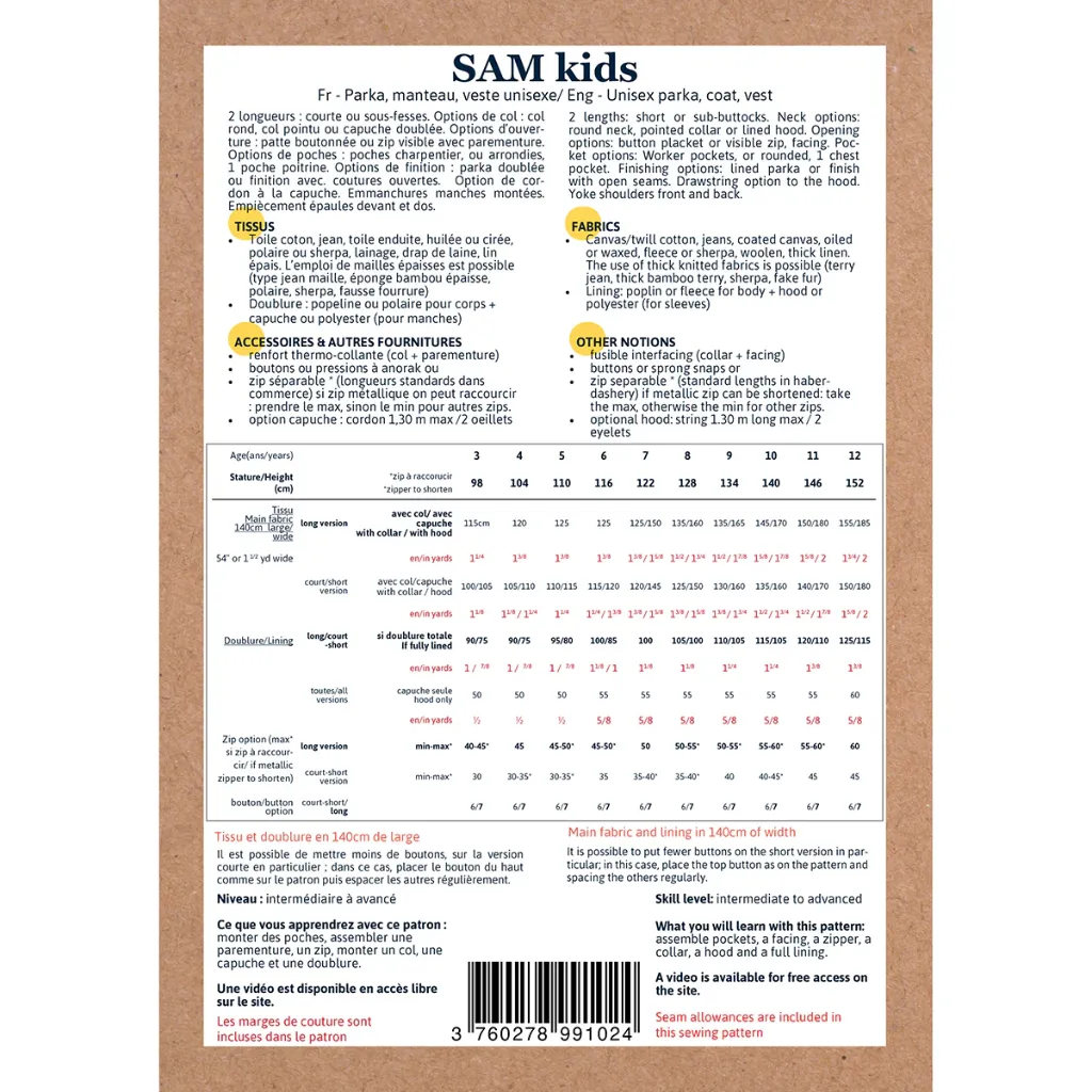 Ikatee - Patron Couture Enfant Parka, Veste et Manteau Mixte "Sam Kids" du 3 au 12 ans 1.webp