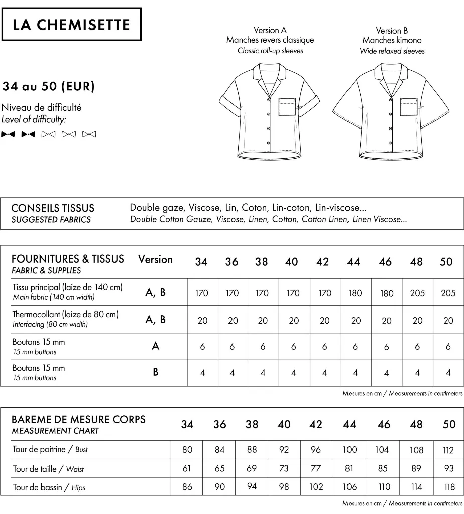 Atelier Brunette "LA Chemisette" – Patron Couture Femme Chemisier du 34 au 50 1.webp