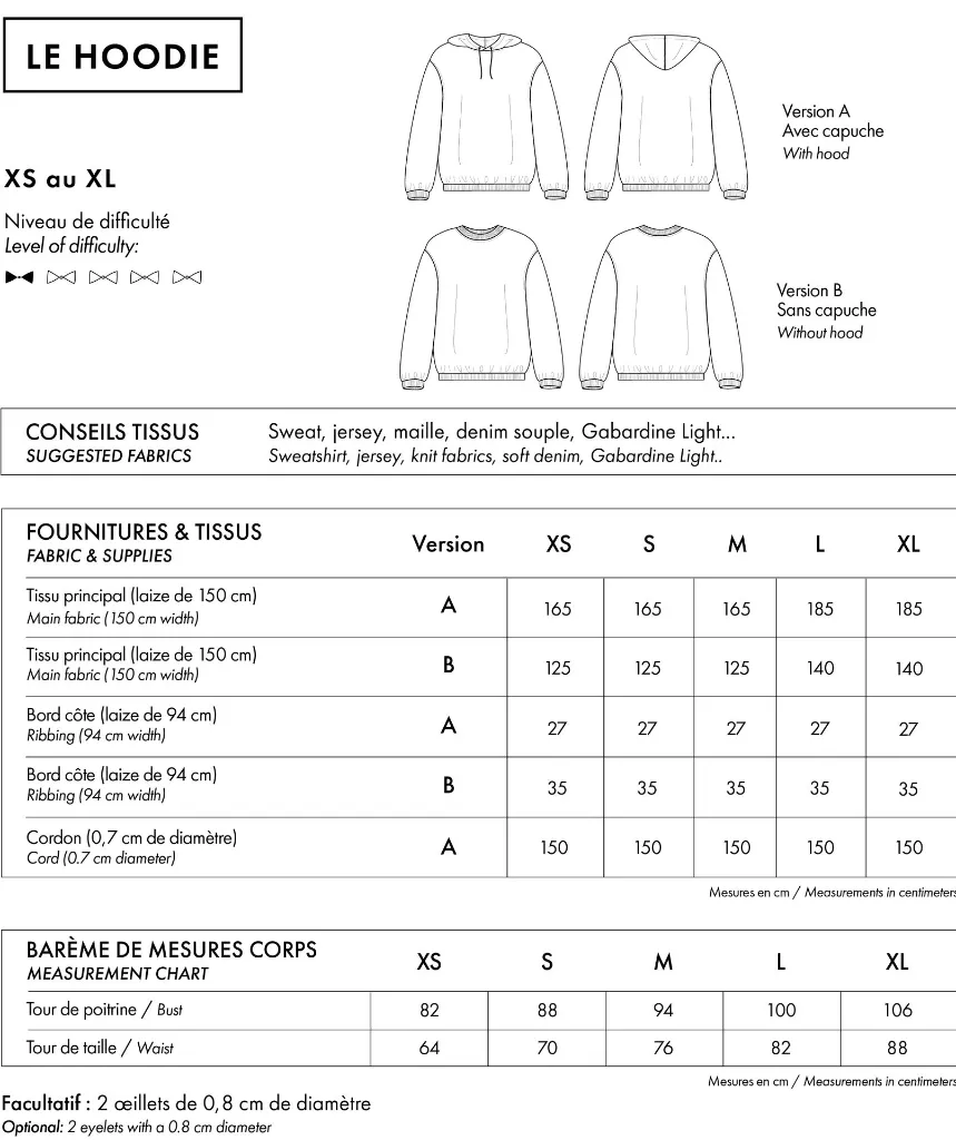 Atelier Brunette "LE Hoodie" – Patron Couture Femme Sweat Shirt du XS au XL 1.webp