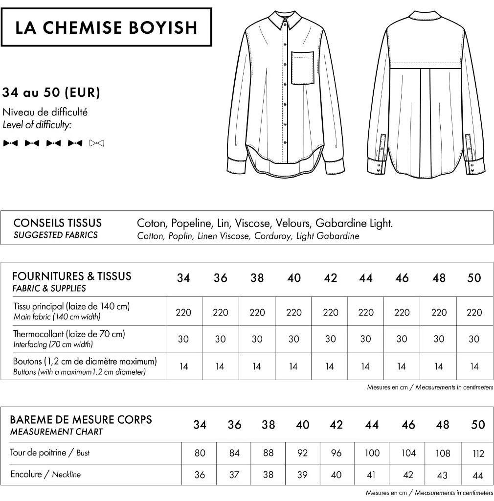 Atelier Brunette "LA Chemise Boyish" – Patron Couture Femme Chemise du 34 au 50 6.webp