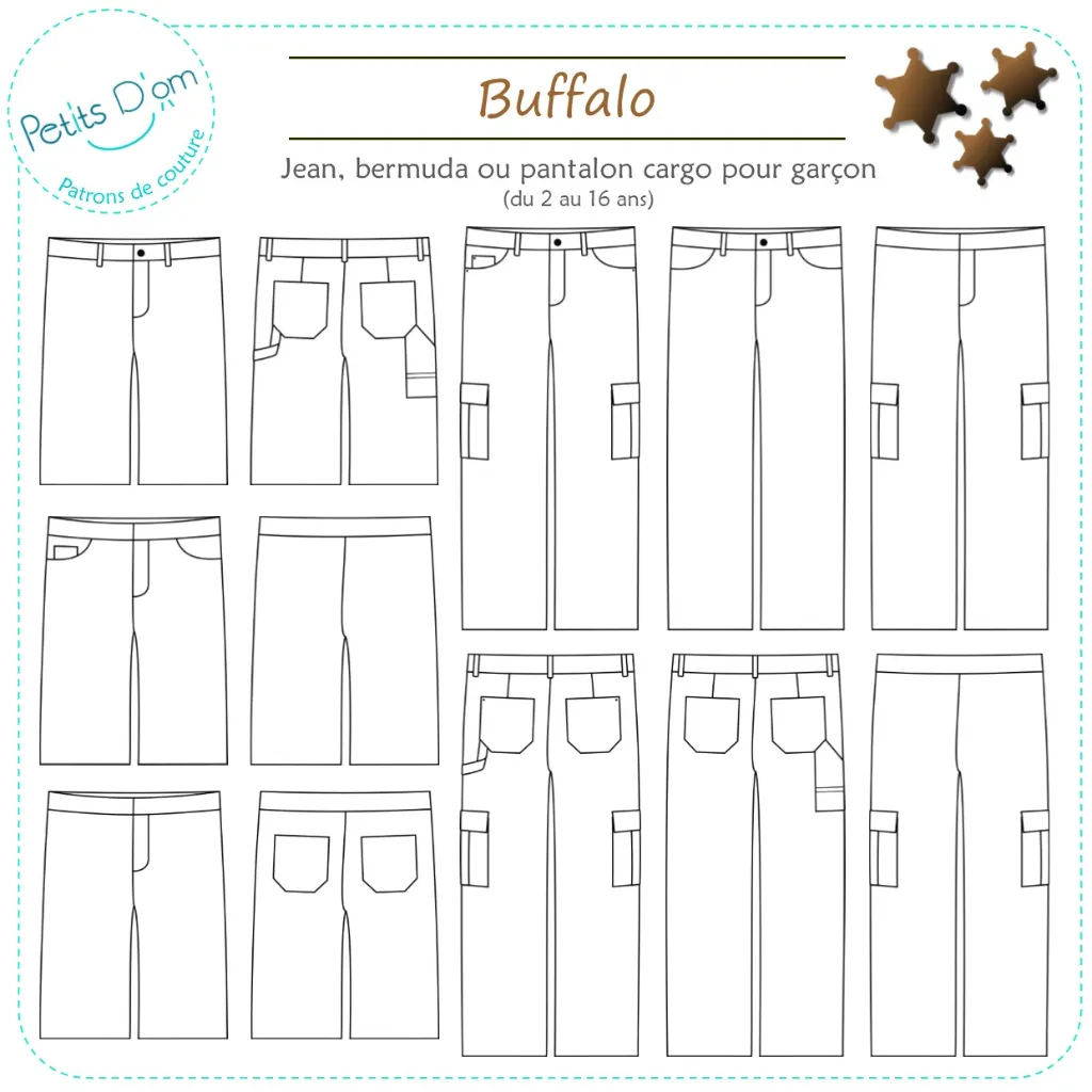 Petits D'om "Buffalo" – Patron Couture Enfant Jean, Bermuda ou Pantalon Cargo du 2 au 16 ans 16.webp