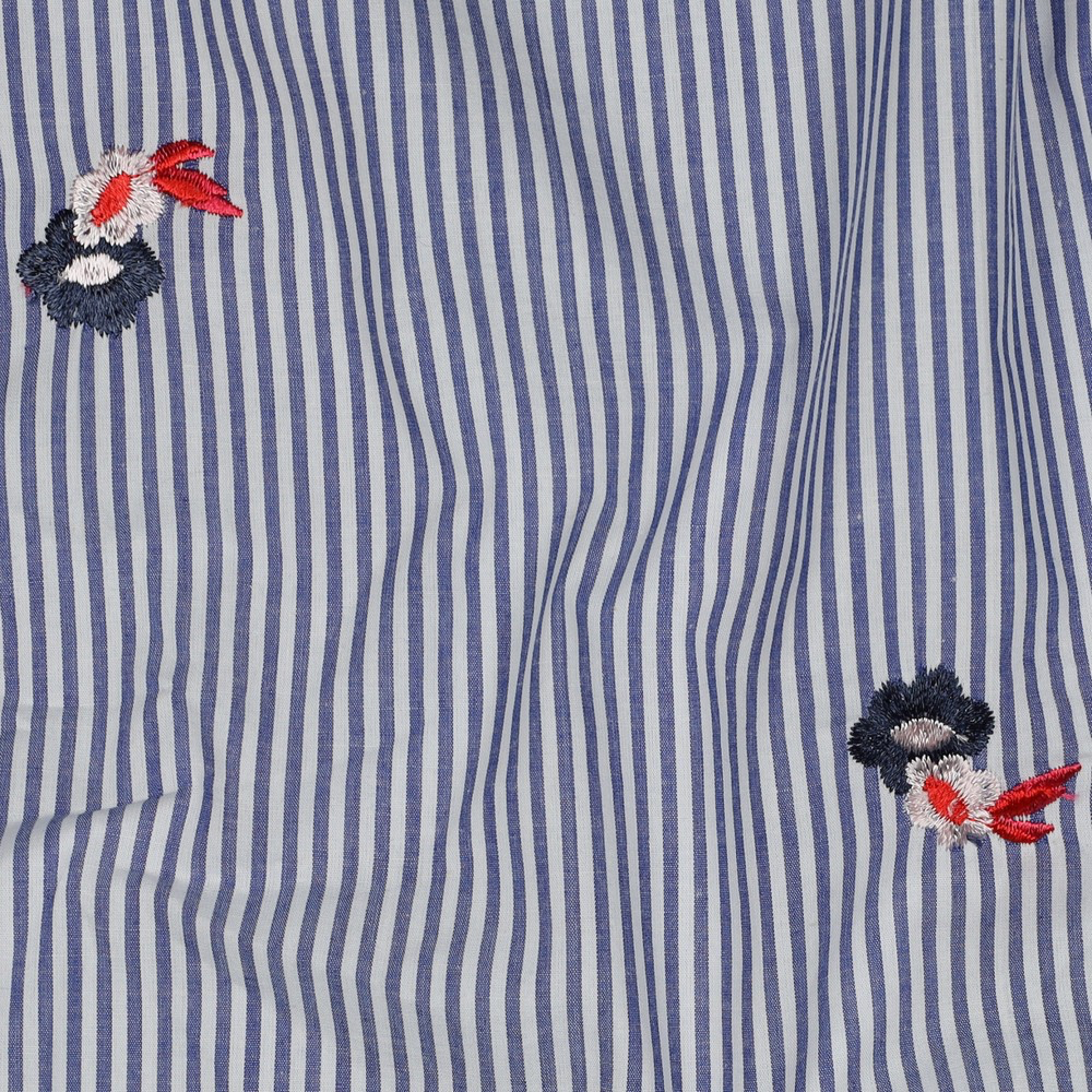 Poppy - Tissu Fil à Fil Rayures Bleu Moyen Brodé Fleurs - 10 cm 2.webp