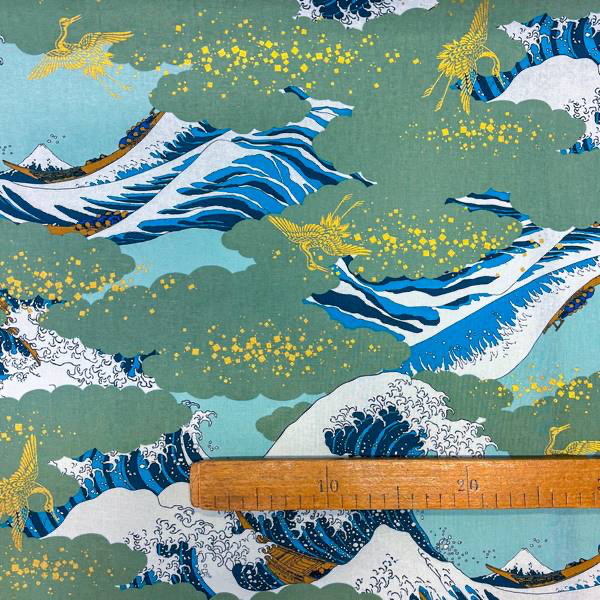 Naka Fabrics - Tissu Coton Japonais – La Vague de Kanagawa Vert Menthe 6.webp