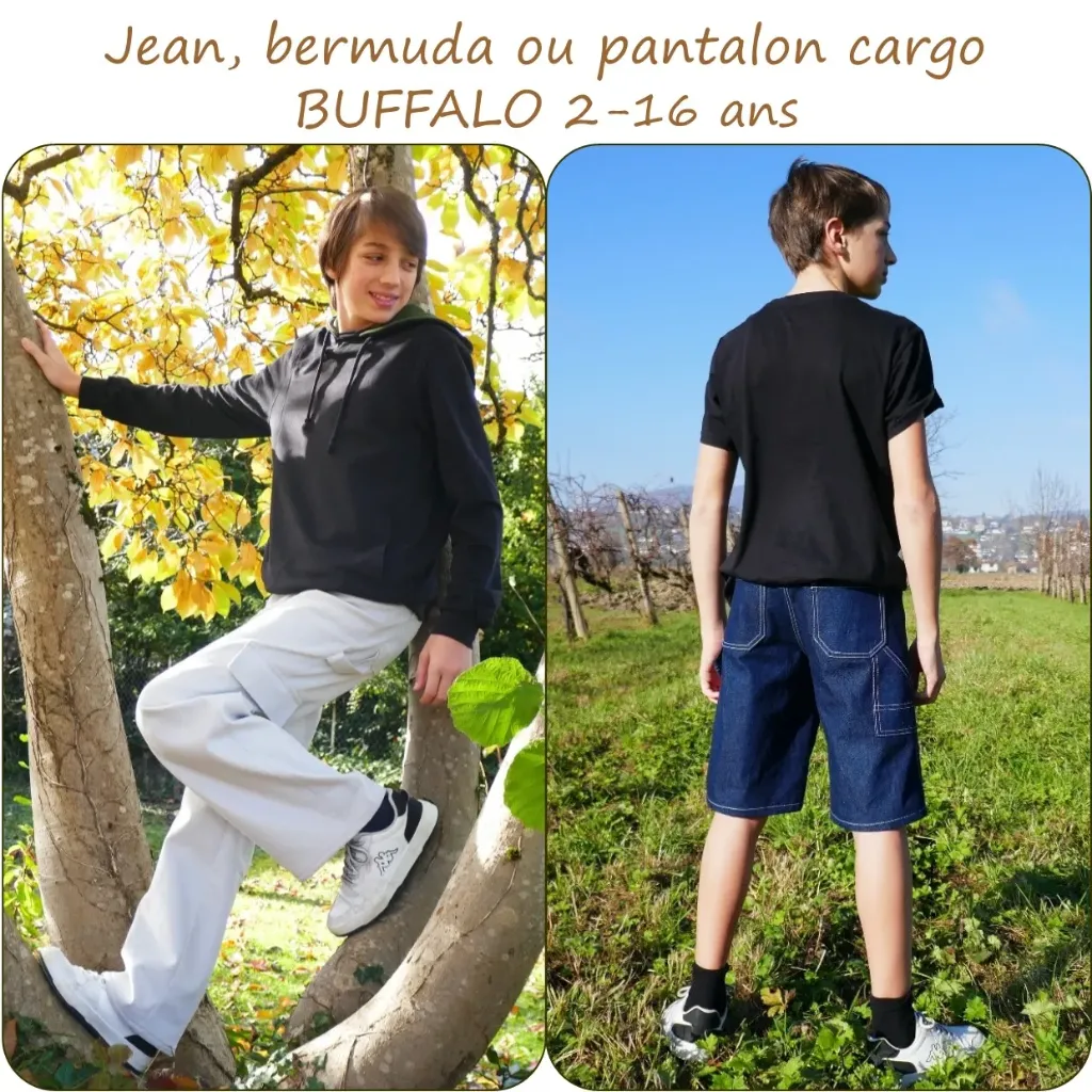 Petits D'om "Buffalo" – Patron Couture Enfant Jean, Bermuda ou Pantalon Cargo du 2 au 16 ans