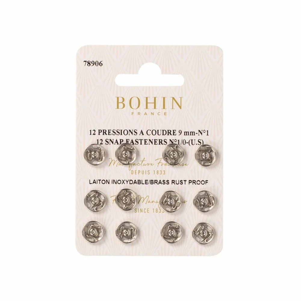 [78906] Bohin - 12 Pressions à Coudre Coloris Argent (9 mm)