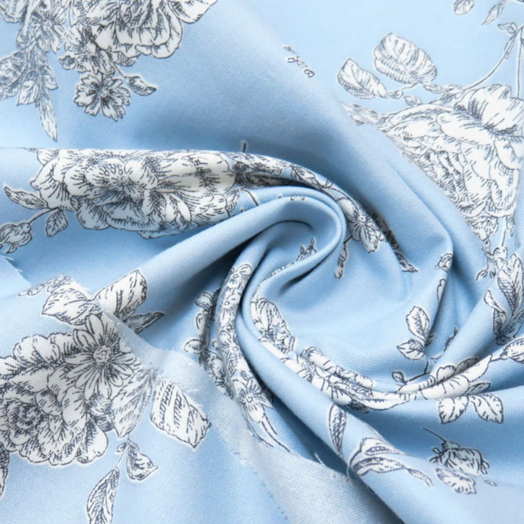 Tissu Patchwork « Quilt Gate » à Motif Gros Fleurs Sur le Fond Bleu - 10 cm