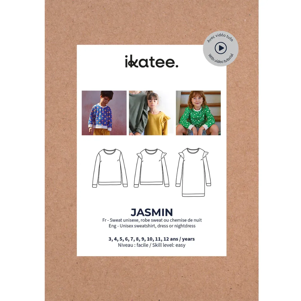 [Jasmin] Ikatee - Patron Couture Enfant Sweat Unisexe, Robe Sweat ou Chemise de nuit "Jasmin" du 3 au 12 ans
