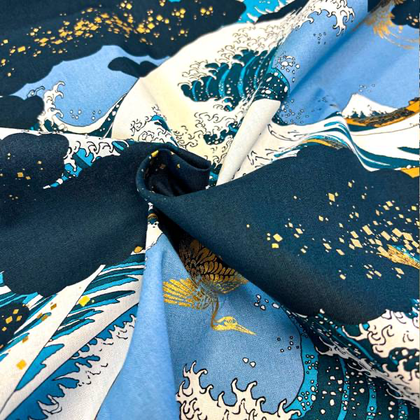 Naka Fabrics - Tissu Coton Japonais – La Vague de Kanagawa Bleu- 10 cm