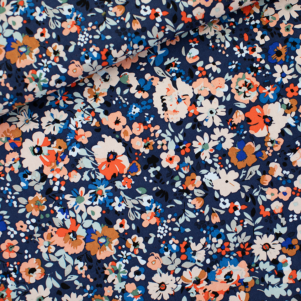 [06115.202.R] See You at Six – Tissu Toile de Coton Gabardine Imprimé « Flower Joy » Bleu Océana - 10 cm