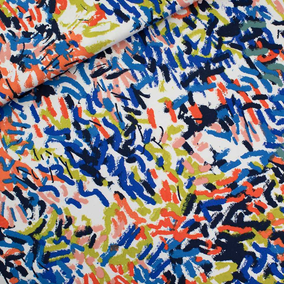[06105.200.R] See You at Six – Tissu French Terry de Coton Imprimé « Paint Fun » sur le Fond Beige Tofu
