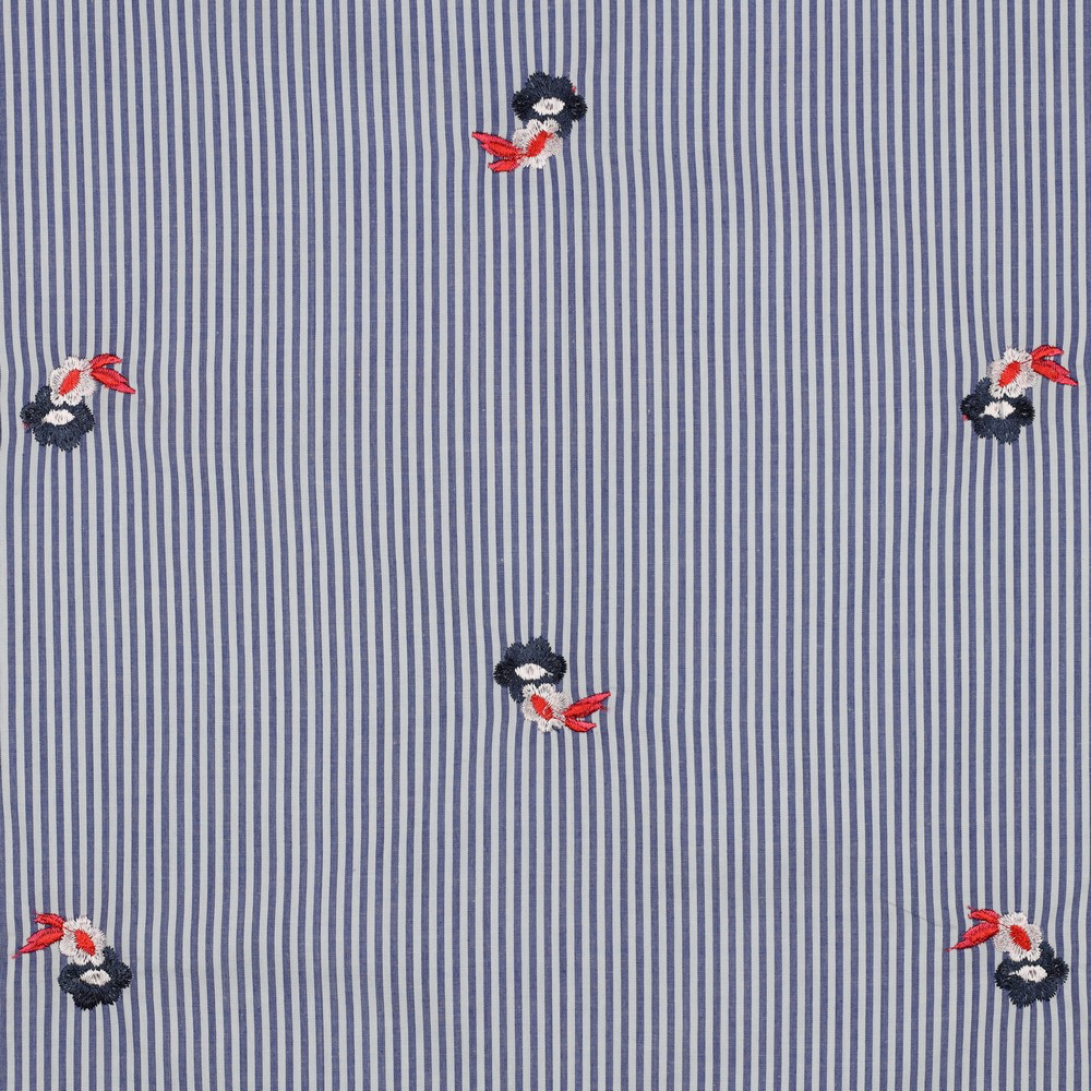 Poppy - Tissu Fil à Fil Rayures Bleu Moyen Brodé Fleurs - 10 cm