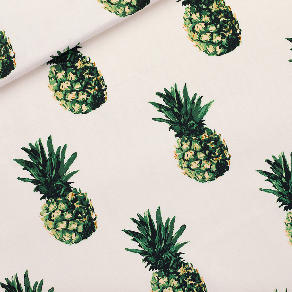See You at Six – Tissu French Terry de Coton Imprimé « Pineapples» sur le Fond Crème Papyrus - 10 cm