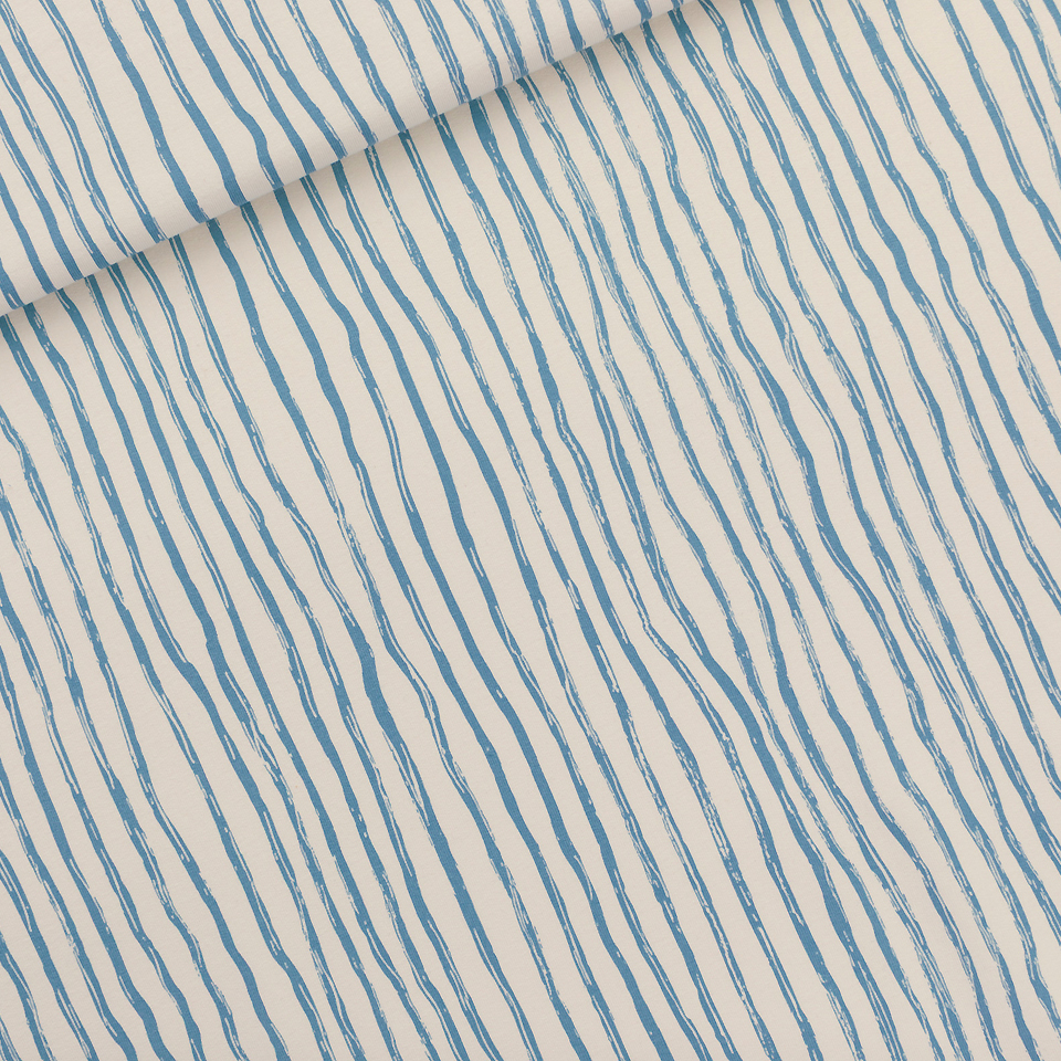 See You at Six – Tissu French Terry de Coton Imprimé « Wiggly Verticals» Lignes Bleues sur le Fond Crème Papyrus - 10 cm