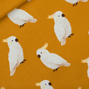 See You at Six – Tissu French Terry de Coton Imprimé « Cockatoo» sur le Fond Tawny Curry - 10 cm
