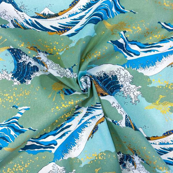 [NAKA1300-3A] Naka Fabrics - Tissu Coton Japonais – La Vague de Kanagawa Vert Menthe- 10 cm
