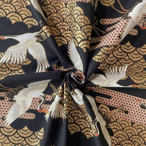 Naka Fabrics - Tissu Coton Japonais – Grues Impériales Bleu Nuit - 10 cm