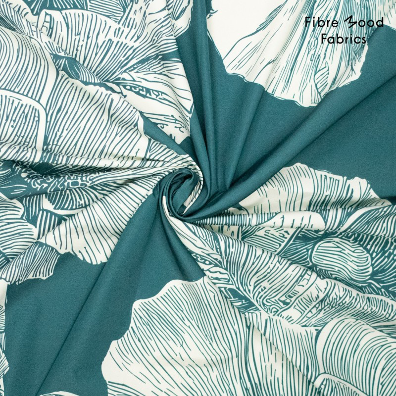 [FM316030] Fibre Mood – Tissu Toile Déperlante « Kaori » Imprimé Grande Fleur sur le Fond Bleu Pétrole  - 10 cm