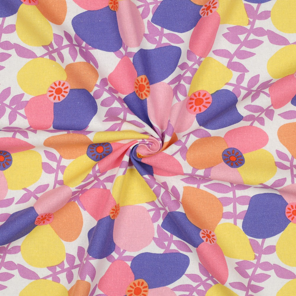 [05463.001] Nerida Hansen – Tissu Lin Viscose « Lema Poppies » Violet et Jaune - 10 cm