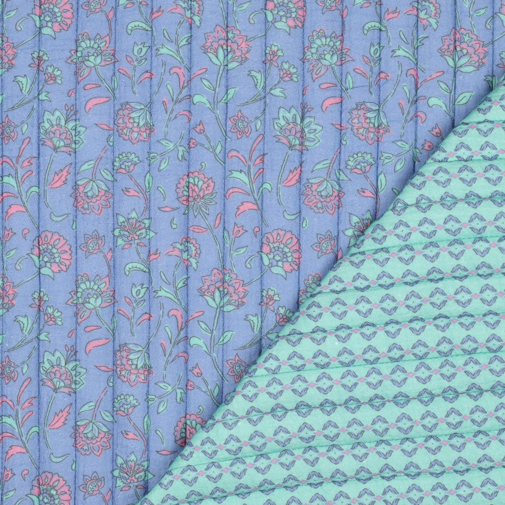 [05445.002] Poppy – Double Gaze Matelassée Réversible – Motif Floral Bleu Lavande & Envers Turquoise - 10 cm
